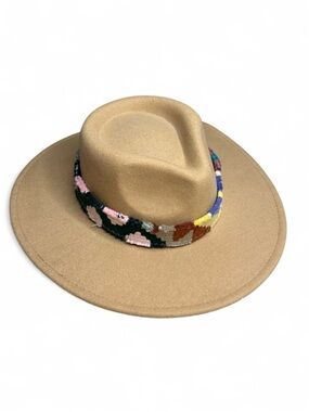 Tan Orijinal Wide-Brim Fedora with Multicolor HandmadeEmbroidered Band